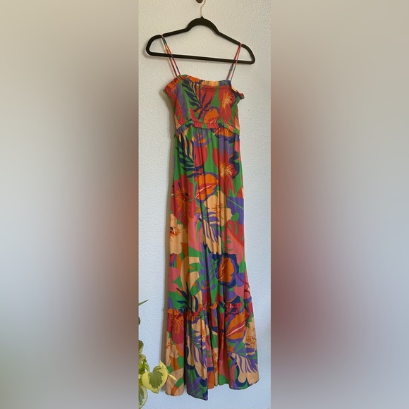 H&M Floral Purple Yellow Orange Print Maxi Tiered Dress Smocked Top Tropical - Picture 3 of 11